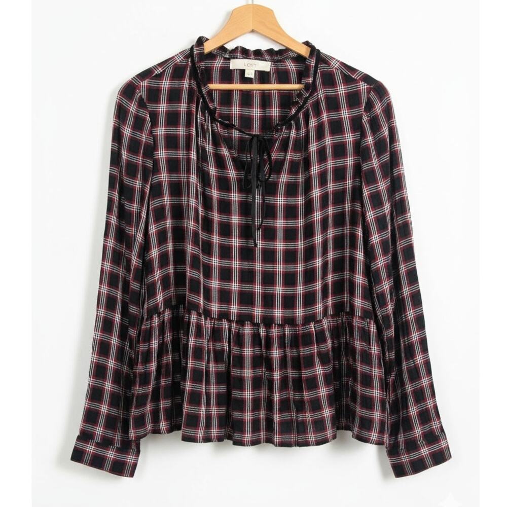 Loft Women M Cottagecore Academia Grunge 90s Preppy Plaid Peplum Tie Neck Blouse